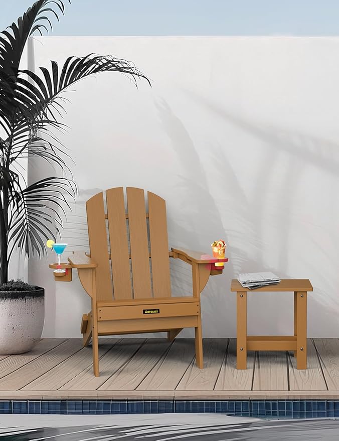 Folding Adirondack Chair, Wooden Textured Plastic Adirondack Chairs with 2 Cup Holder, Weather Resistant HDPE Fire Pit Chair, Outdoor Patio Chairs for Garden, Backyard, Lawn, Deck, 380LBS, Teak