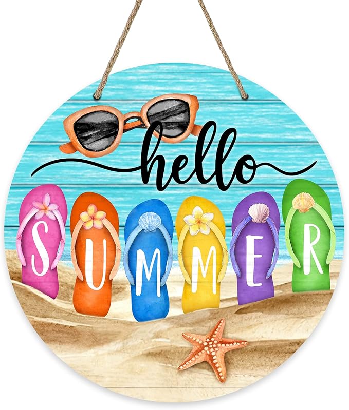 Deroro Hello Summer Beach Flip Flops Sign for Front Door Decor, Sunglasses Starfish Coastal Wood Hanger for Outdoor Outside Porch, Seasonal Farmhouse Wooden Wreath Indoor Wall Hanging Decorations