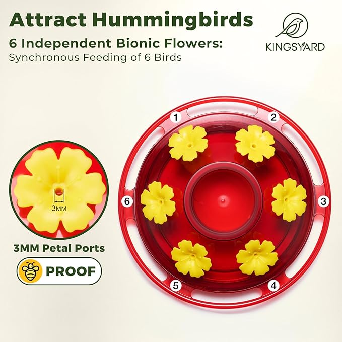 Kingsyard 2 Pack Glass Hummingbird Feeder for Outdoors Hanging - 6 Bee Guard Feeding Ports & Built-in Ant Moat, Wild Bird Feeder for Outside Garden Yard Patio 14 Oz, Red