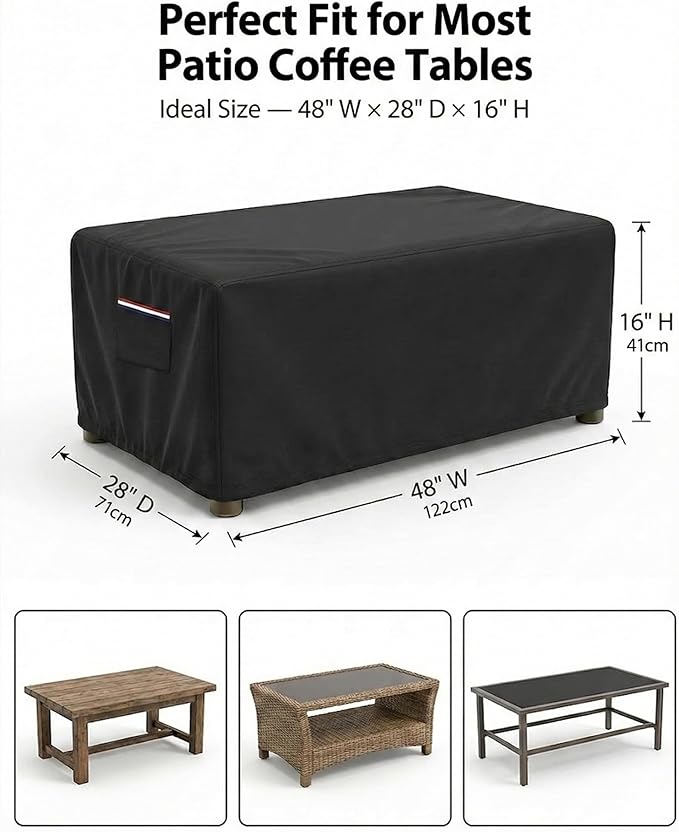 Waterproof Rectangular Patio Coffee Table Cover, 600D Heavy Duty Outdoor Furniture Cover, UV & Wind Resistant, 48×28×16 in All-Weather Protection for Patio & Garden Tables