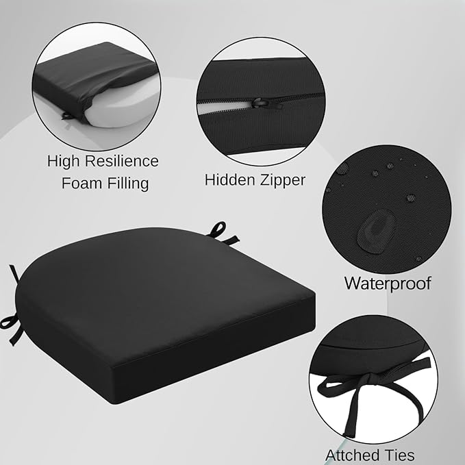 idee-home Outdoor Chair Cushions Set of 4, Thick 19" x 19" x 2" Outdoor Seat Cushions Patio Furniture Waterproof with Ties, Dining Pads