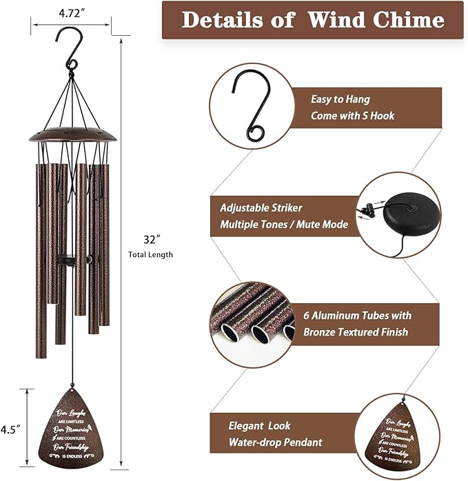 Gifts for Best Friend Women Men, 32" Bronze Wind Chimes Friendship Gifts, Bestie Gift for Women, Christmas Birthday Gift Idea for Bestfriend BFF