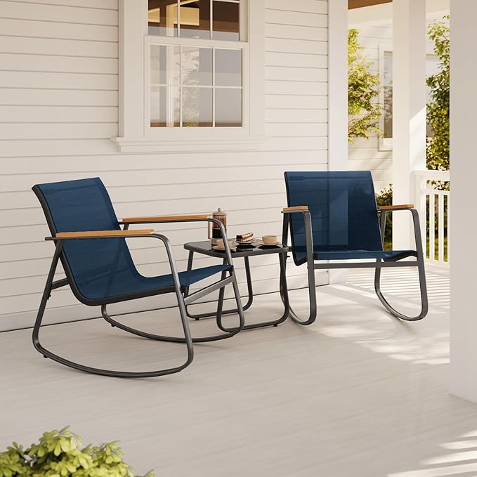 Aiho 3 Piece Rocking Bistro Set, Textilene Fabric Patio Furniture Set, Front Porch Rocker Chairs with Coffee Table for Lawn, Garden, Balcony, Poolside (Blue)