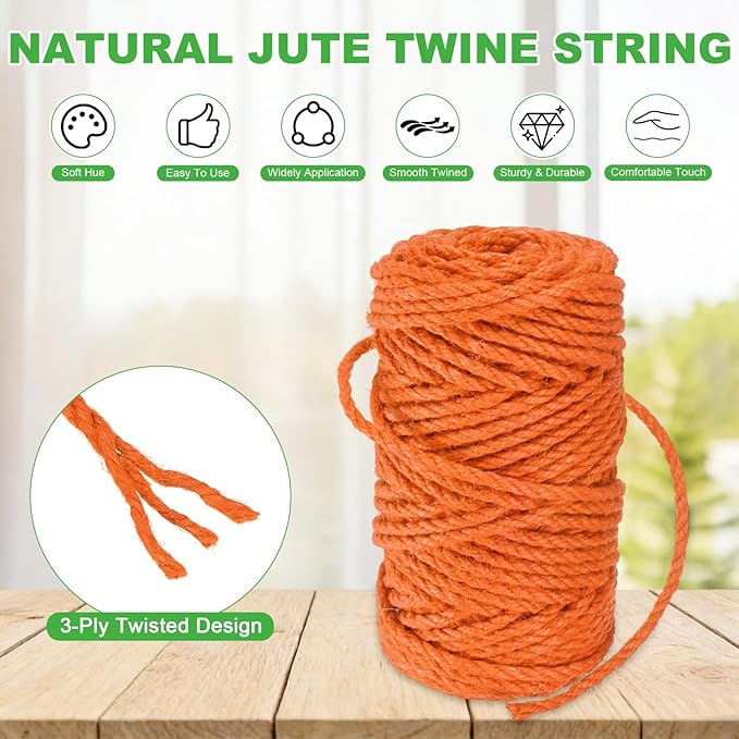 1-Pack Natural Jute Twine String, 4.5mm x 164ft/50m Long Garden Twine String for Crafts/Gift Wrapping/Gardening Plants, Durable Plant Ties Thick Rope [Orange]