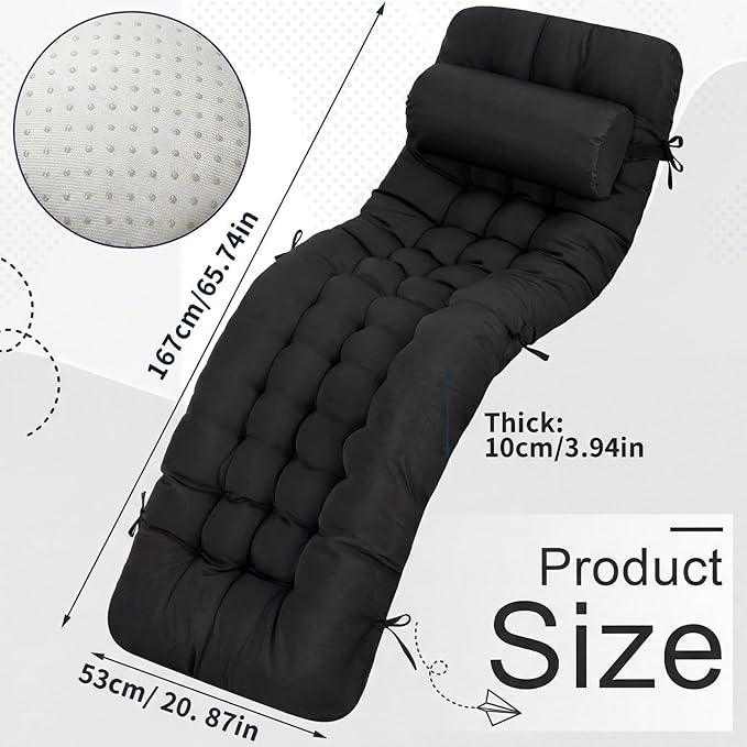 Tudomro 2 Pcs Black 66'' Outdoor Chaise Lounge Cushion Waterproof Patio Lawn Pool Chaise Lounge Cushion with Headrest Pillow & Ties Weather Fade Resistant Replacement Longue Chair Pad