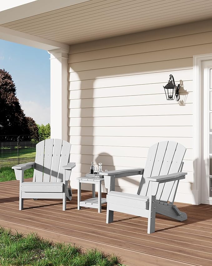 GarveeLife Folding Adirondack Chairs, HDPE Outdoor Patio Chairs All Weather Resistant with Wood Texture for Fire Pit, Deck, Patio, Pool, Backyard - White