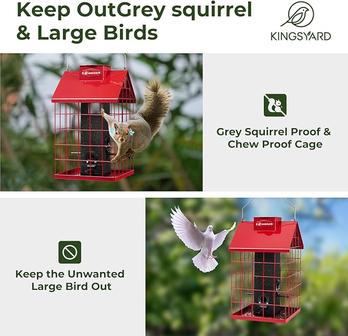Kingsyard Squirrel Proof Caged Bird Feeder for Outdoor Hanging - Weatherproof Metal Mesh Tube Finch Bird Feeder with 4 Ports for Nyjer/Thistle Seed, Small Birds Goldfinches, Chickadees, Red
