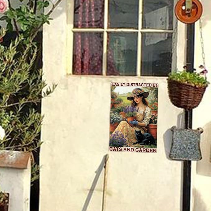 Vintage Garden Metal Tin Signs Easily Distracted By Cats and Garden Funny Tin Sign Rustic Indoor Outdoor Wall Decor for Home Yard Farmhouse Greenhouse Patio Porch Bar 8×12 Inch