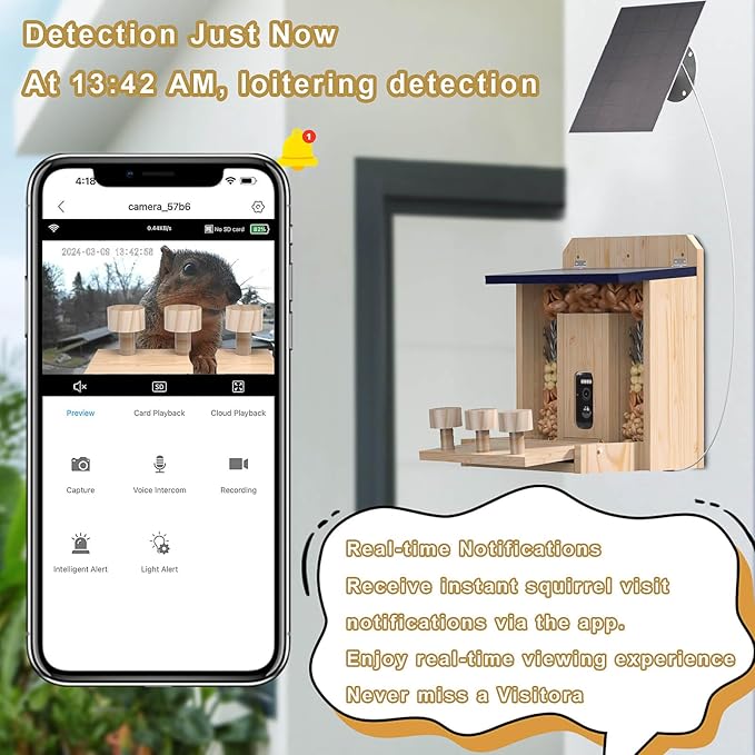 Wooden Squirrel Feeder with HD Camera, Solar-Powered Outdoor Squirrel Bar, Real-Time View, Instant Notifications, Durable & Sturdy, for Squirrel Lovers