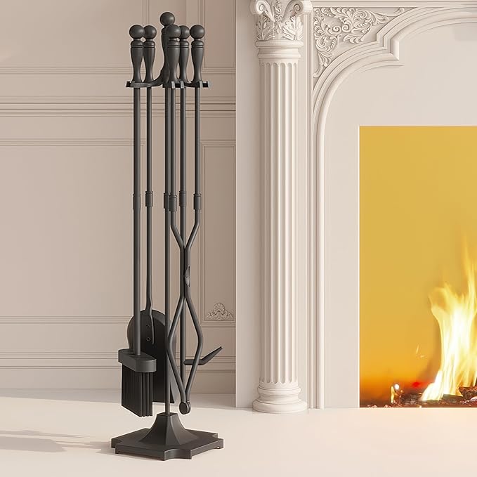 Kingson 5 Pcs Fireplace Tools Sets Heavy Duty Wrought Iron Large Fire Tool Set and Holder Outdoor Fireplace Tools Black