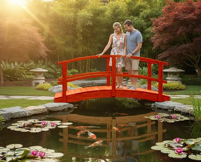 8 FT Cedar Amish Made Garden Bridge with Double Rails for Walkway, Backyard Pond & Landscaping, Outdoor Wooden Footbridge for Koi Pond, Japanese Style Decorative Bridge, Made in USA