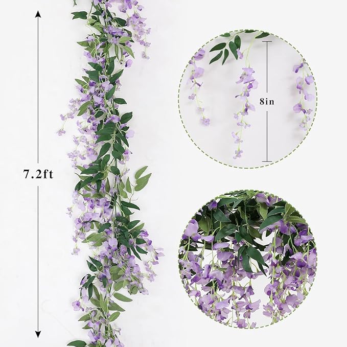 3Pcs 7.2Ft/Piece Artificial Flowers Wisteria Garland Artificial Wisteria Vine Hanging Flower Greenery Garland for Home Garden Outdoor Wedding Arch Floral Decor (Purple)
