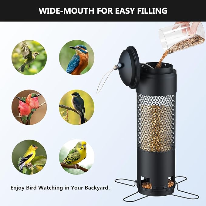 LCSEVEN Bird Feeders for Outdoors Squirrel Proof with Weight-Activated Perches, Hanging Bird Feeder for Outside, Metal Feeder for Wild Cardinal, Finch, Blue Jay, Chickadee, 3LB Seed Capacity, Black