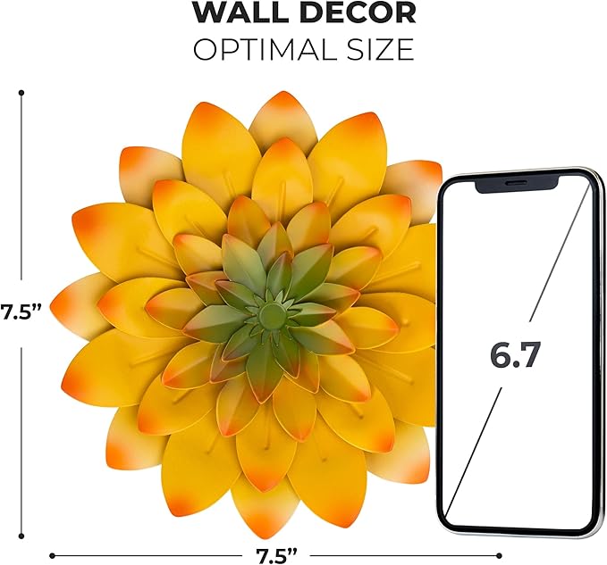 Everydecor Succulent Metal Flowers Wall Decor – Yellow, Hand Painted, 3D Flower Art Decoration for Living Room, Bedroom, Kitchen, Bathroom - Floral Decor for Indoor & Outdoor Use