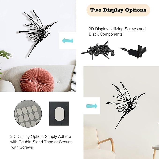 3D Metal Hummingbird Wall Art - Unique Black Outdoor Garden Decor, Waterproof Bird Sculpture for Patio, Living Room, Bedroom & Bathroom