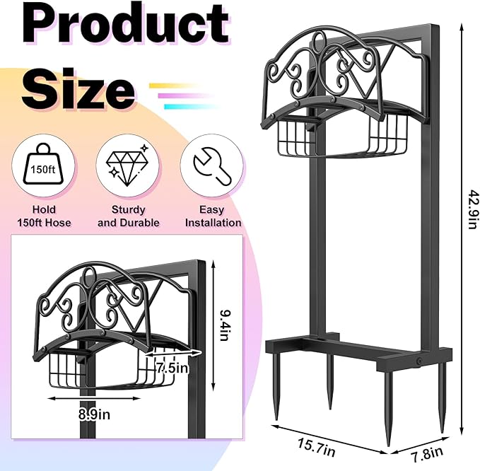 Garden Hose Holder, Metal Water Hose Holder with Storage Basket, Heavy Duty 4 Spikes Hose Hanger Holds 150 Feet Hoses, Freestanding Hose Storage Reel Rack for Outdoor Yard Lawn
