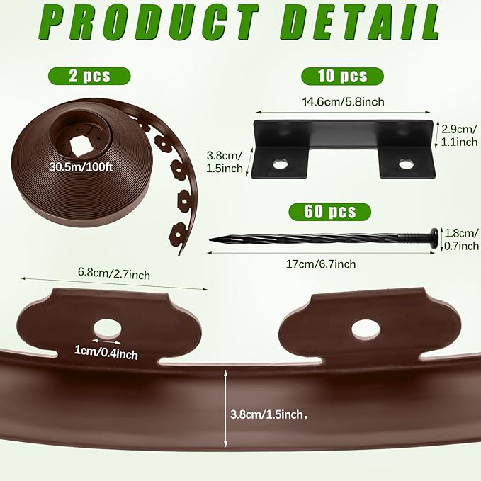 Sasylvia 1.5'' x 200' Landscape Edging Kit Edging Border Coil Include 120 Anchoring Spikes 10 Connectors Plastic Garden Border for Lawn Garden Grass Yard Home(Brown)