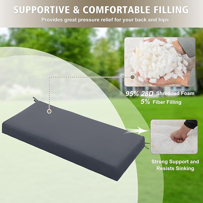 Outdoor Bench Cushion Waterproof 36"x14", Fade-Resistant Patio Furniture Replacement Pad with Ties - Also Fits Indoor Entryway Bench or Window Seat, Dark Grey