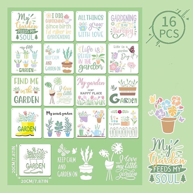 16Pcs Garden Floral Stencils Painting On Reusable Crafts Templates, 7.8x7.8Inch My Garden Flower Plant Stencil for Painting on DIY Wood Canvas Scrapbook Paper Fabric Pillows Card Making Home Decor