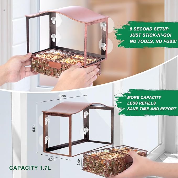 Lilyang Window Bird Feeder, Metal Bird Feeder Window with Wide View, Window Bird Feeders with Strong Suction Cups, Wild Bird Feeders for Bird Watching Presents