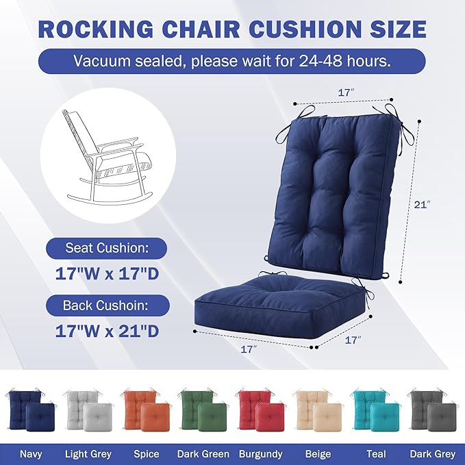 Rocking Chair Cushion, Waterproof and Fade-Resistant Patio Chair Cushions, Tufted Chair Pads for Rocker Furniture, 17x17 Inch, Indoor/Outdoor Seat Cushions with Ties, Navy Blue