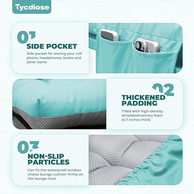 Outdoor Lounge Chair Cushion, Waterproof Replacement Chaise Lounge Cushions for Outdoor Furniture Thickened 71 x 22 x 4.7 Inches Non-Slip Patio Pool Lounge Chair Cushions with Ties (Teal)