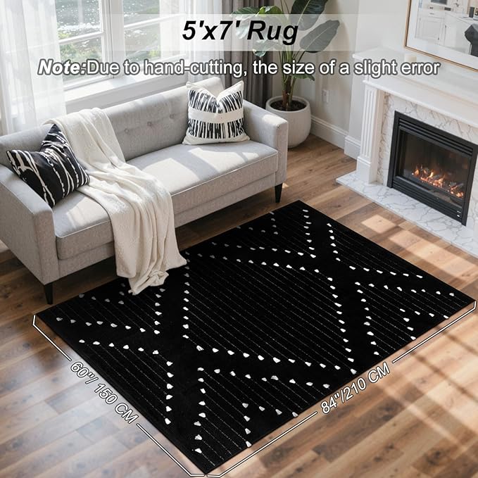 LIVEBOX Boho Black Rug 5x7, Large Washable Rugs for Living Room, Cotton Woven Bedroom Carpet, Moroccan Indoor Thin Throw Area Rugs for Dining Room,Dorm