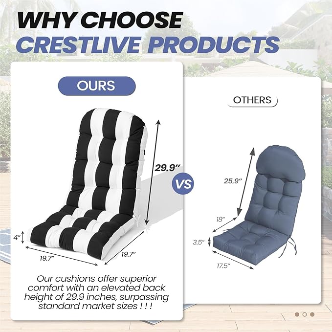 Crestlive 50x20x4 Inch Adirondack Chair Cushion Outdoor Rocking Chair Cushions Water Resistant High Back Patio Chair Cushions Set of 2 Thick Patio Replacement Cushion Black Stripe