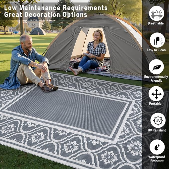 HUGEAR Outdoor Rug 8x10 Patio Waterproof Mat Camping Carpet Outside Area Rug Reversible Grey Rugs for RV Deck Entryance Porch Picnic Balcony Beach