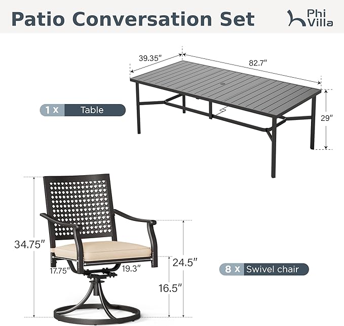 PHI VILLA 9 Pieces Outdoor Dining Set for 8, 83" Rectangular Metal Dining Table with Umbrella Hole & Swivel Wrought Iron Chairs with Cushions, Large Furniture Set for Patio, Deck, Yard, Porch