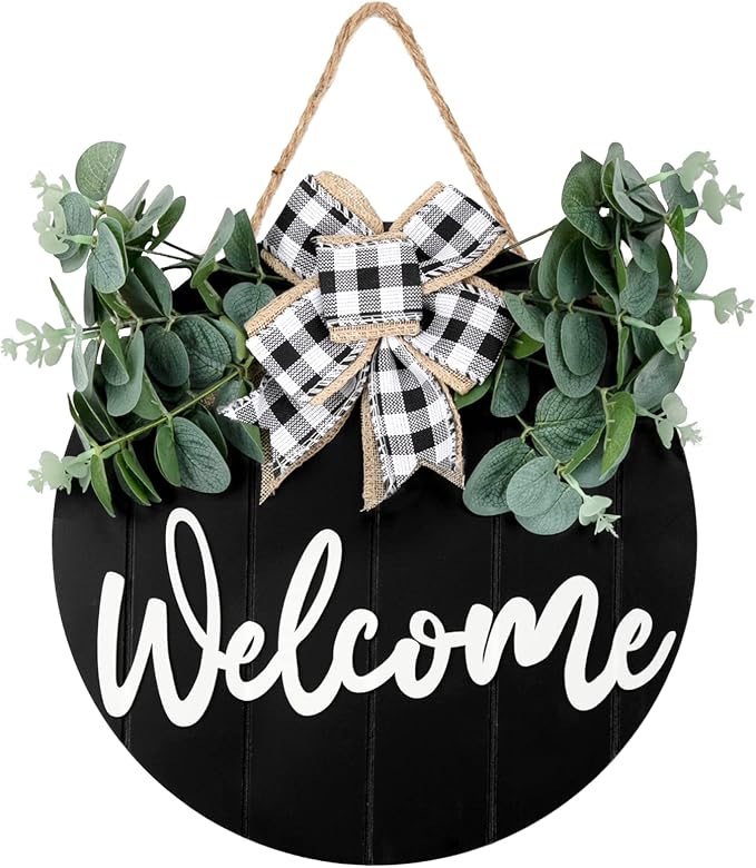 3D Front Door Welcome Wreath - Farmhouse Welcome Sign for Front Door - Vertical Concave Stripes Wooden Front Door Wreaths for Home Decor(Black) - Housewarming Gift