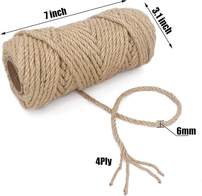 Leecogo 6mm Jute Rope 100 Feet Natural Craft Rope Twine String Perfect for Home Gardening Macrame Arts Crafts DIY Cat Scratching Post Replacement Repairing Recovering Cats Toy Making,Brown