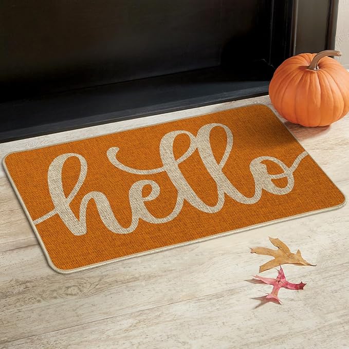 Artoid Mode Orange Hello Fall Doormat, Autumn Home Decor Low-Profile Switch Rug Door Mat Floor Mat for Indoor Outdoor 17x29 Inch