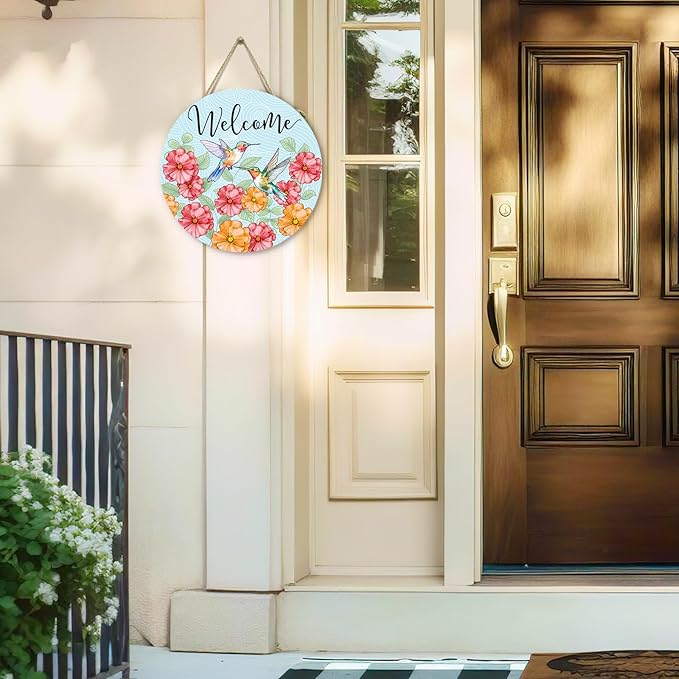 Summer Hummingbird Welcome Door Sign Floral Birds Sign for Front Door Wall Decor Summer Flower Wooden Door Hanger Seasonal Wreath Farmhouse Hanging Home Outdoor Decorations 12 Inch