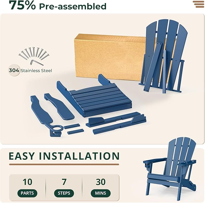 BRIOPAWS Folding-Adirondack-Chairs Set of 2 | HDPE Plastic | Fire Pit Chair | Cup Holder | Curved Back | All Weather| for Outdoor Backyard Deck Patio | Blue