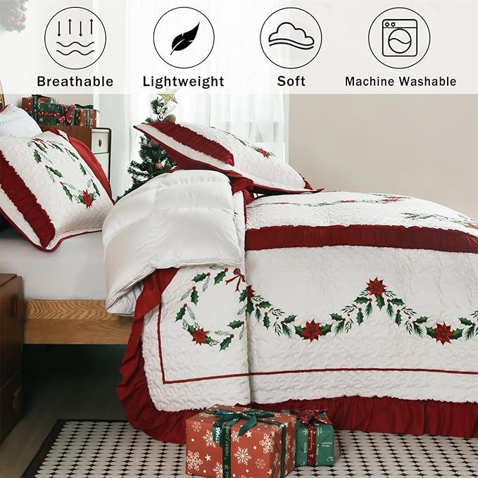 Cmfshape Poinsettia Floral Bedspread with 2 Pillow Shams-Queen Size,Patchwork Red Quilt Set 3 Piece,Christmas Bedding for Kids Women,Lightweight Reversible Bed Coverlet for All Seasons,Queen92 x96