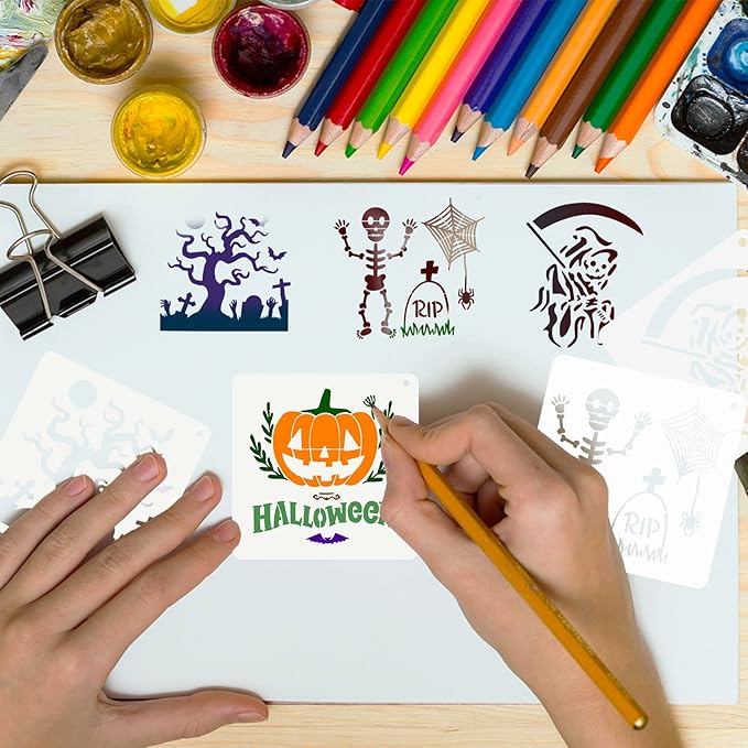 25 Pcs Halloween Stencils Reusable, 6x6 Halloween Stencils for Painting on Wood, Plastic Drawing Spraying Templates for Greeting Cards, Halloween Crafts Ornaments Wall Window Door DIY Decoration