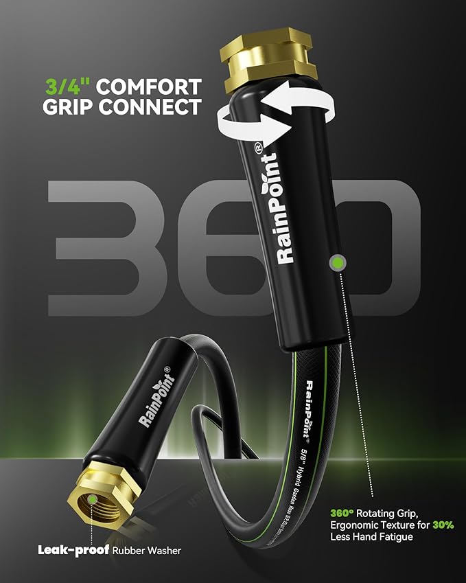 RAINPOINT Short Garden Hose 10ft x 5/8", Water Hose Heavy Duty, Flexible, Lightweight Durable Hybrid Hose with Swivel Handle for Yard, Car Wash, Pets, No Kink, Male to Female Fittings