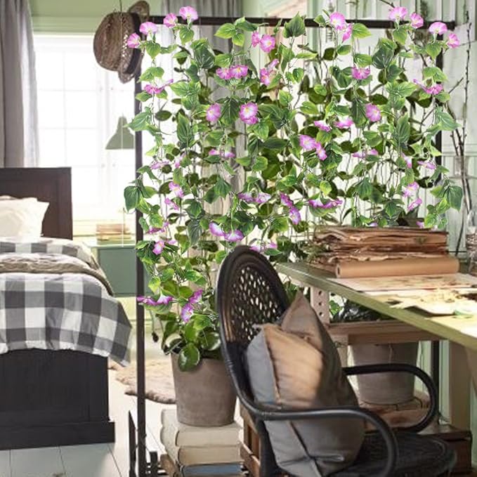 GTIDEA 2Pcs Artificial Vines,15Feet Morning Glory Hanging Plants Silk Garland Fake Green Plant Home Garden Wall Fence Stairway Outdoor Wedding Hanging Baskets Decor Purple