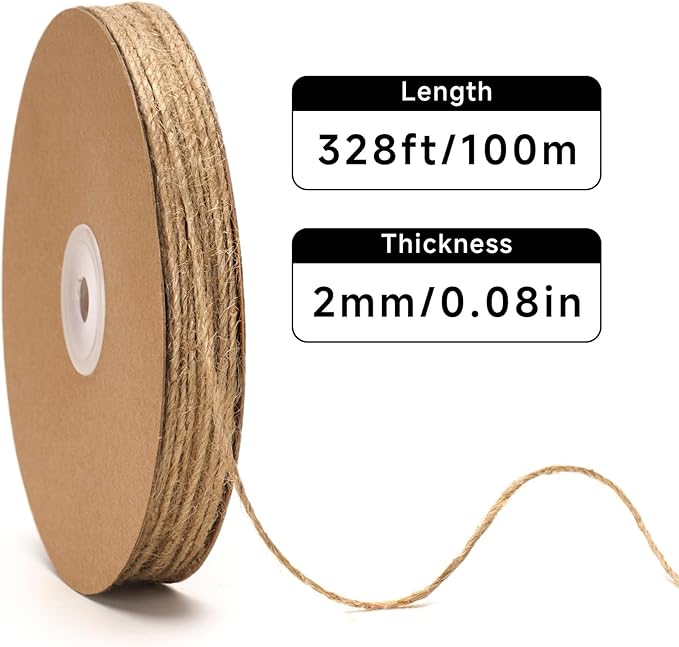 G2PLUS 328FT Jute Twine 2mm 3 Ply Natural Craft Twine String for Gift Wrapping, DIY Crafts, Gardening & Home Use
