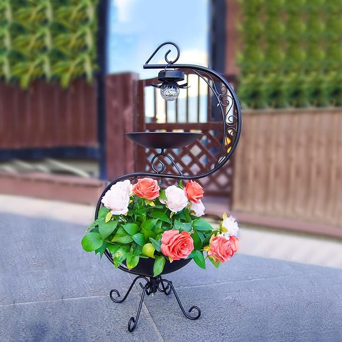 HONGLAND Bird Baths for Outside with Solar Lights, 36" Black Metal Birdbaths for Outdoors, Antique Bird Feeders with Flower Planter Pedestal for Garden, Yard, Patio Decor