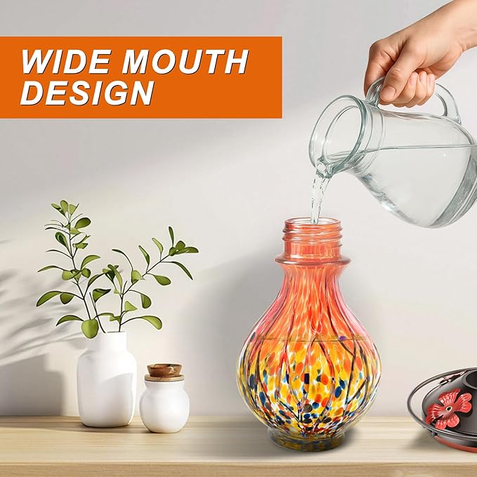 Hummingbird Feeders for Outdoors – Blown Glass Hanging Hummingbird Feeder with Ant Moat, 28 Ounces Large Capacity,Leakproof Wide Mouth, Decorative Bird Feeder for Garden, Yard, Patio, or Window