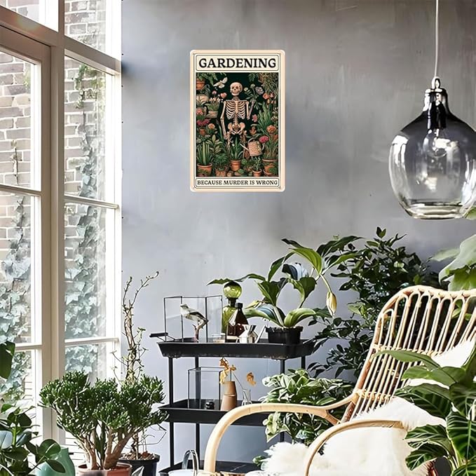 Gardening Because Murder is Wrong Vintage Tin Sign- Retro Metal Sign for Garden Outdoor Indoor Wall Decorative 8x12 Inch