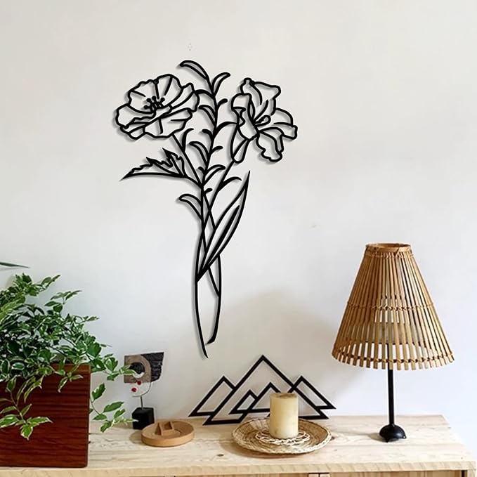 DUOOLN Metal Flowers Wall Art Decor, Minimalism Flower Hanging Iron Wall Decoration, Modern line Painting Wall Art Sculpture Sign，Home Bedroom Bathroom Outdoor Indoor Kitchen Decor
