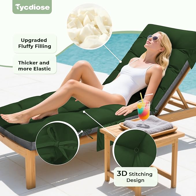 Outdoor Lounge Chair Cushion, Waterproof Replacement Chaise Lounge Cushions for Outdoor Furniture Thickened 71 x 22 x 4.7 Inches Non-Slip Patio Pool Lounge Chair Cushions with Ties (Green)