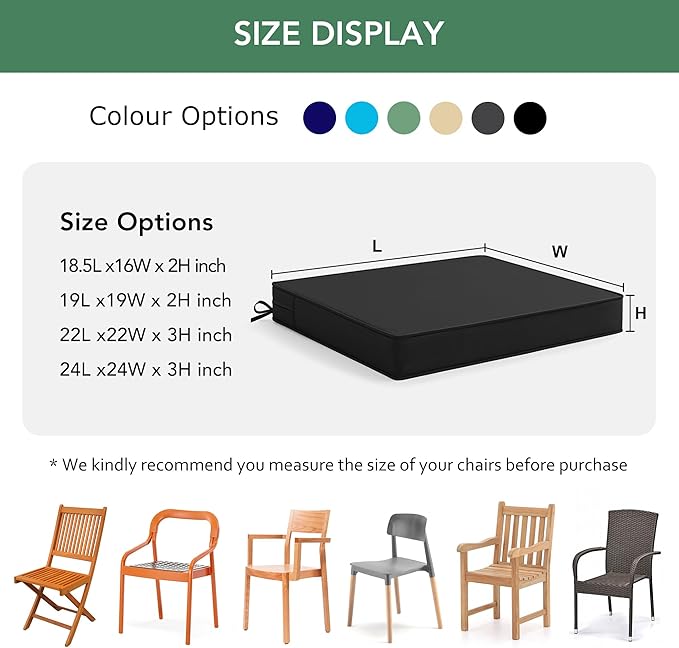 Outdoor Chair Cushions Set of 4: Waterproof & Fade Resistant Seat Cushion for Patio Furniture - 18.5 x 16 x 2 Inch Chair Pads with Ties and Hidden Zipper - Patio Chair Cushion Replacement, Black