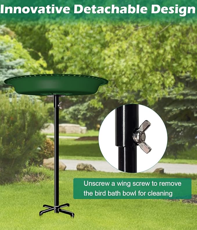 29 Inch Height Detachable Bird Bath with Metal Stake Stand, Oval Shape Birdbath Bowl Spa & Birdfeeder with 5-Prong Base for Outdoor Garden, Green