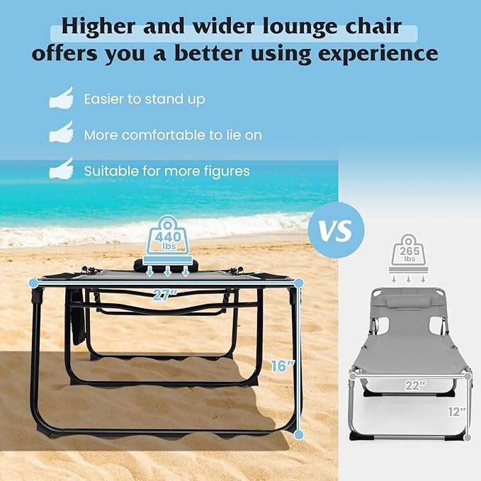 GYMAX Lounge Chair for Outside, 440lbs 27” Oversize Folding Beach Tanning Sunbath Chair with Adjustable Backrest & Removable Pillow, Lightweight Portable Patio Lounger for Lawn Poolside (2, Black)