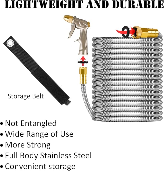 125ft Garden Hose Made by Metal with Super Tough and Soft Water Hose, Household Stainless Steel Hose, Durable Mighty Garden Hose with 4 Spraying Modes Adjustable Nozzle, No Kinks and Tangles