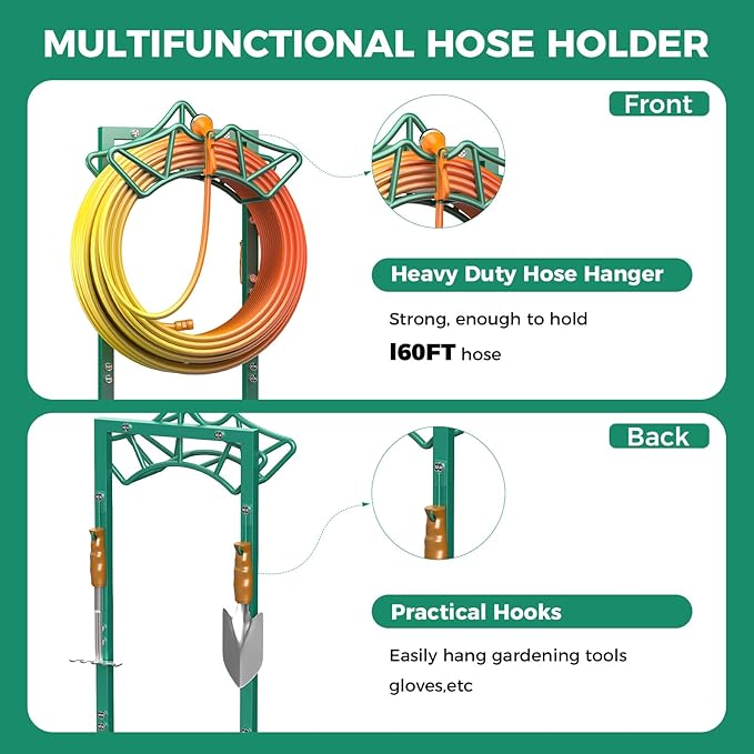 Garden Hose Holder with 2 Tool Hooks, Heavy-Duty Freestanding Hose Holder Holds 160Ft Hoses, Rustproof Freestanding Hose Stand with 4 Spikes Water Hose Hanger Storage Reel Rack for Outside, Yard, Lawn